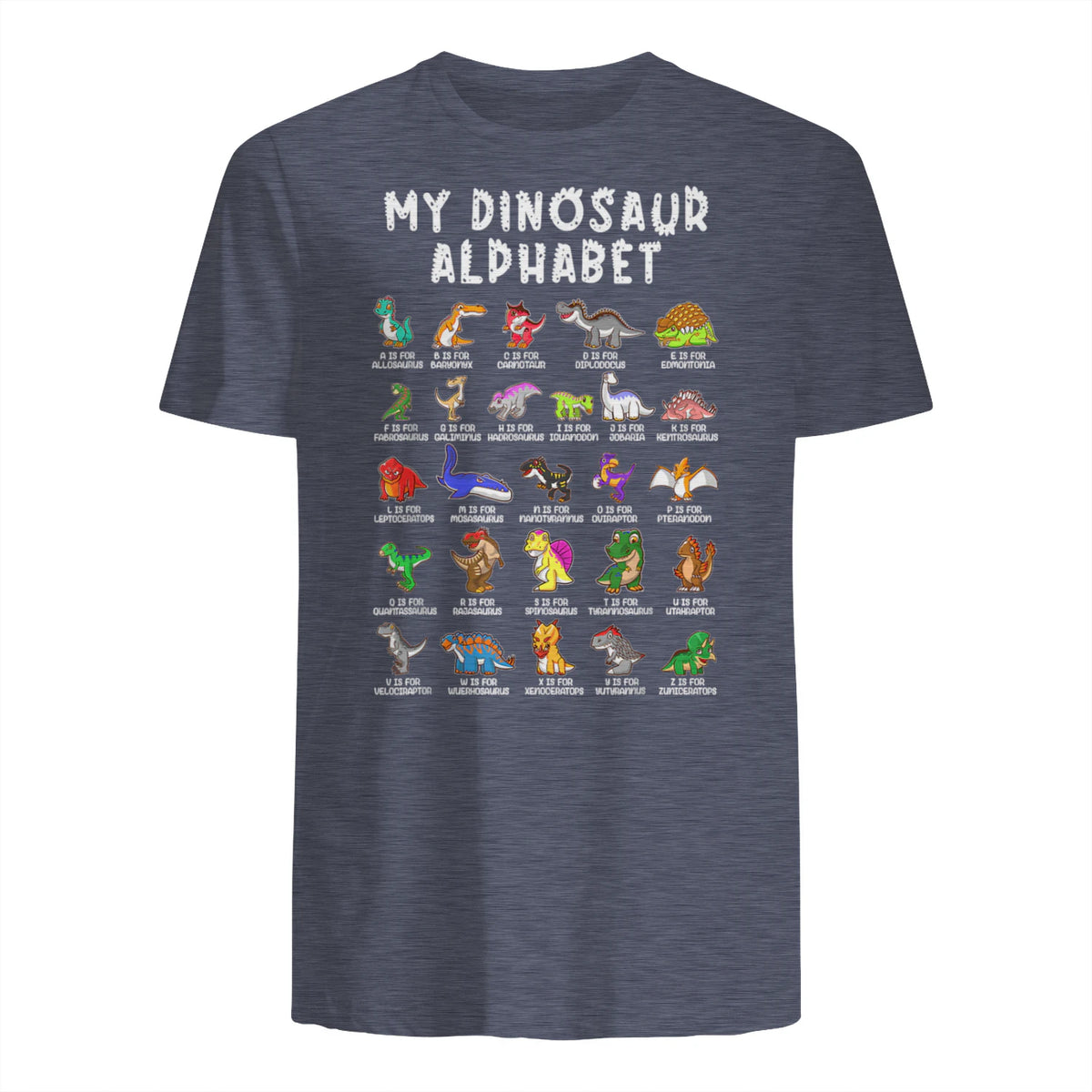 Types Of Dinosaurs Alphabet Dino Identification T-Shirt in Heather Navy - back view