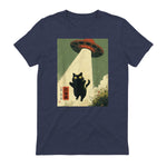 Vintage Japanische Katze Alien Cat Dad UFO Abduktion Graphic Tee T-Shirt in Heather Navy - back view