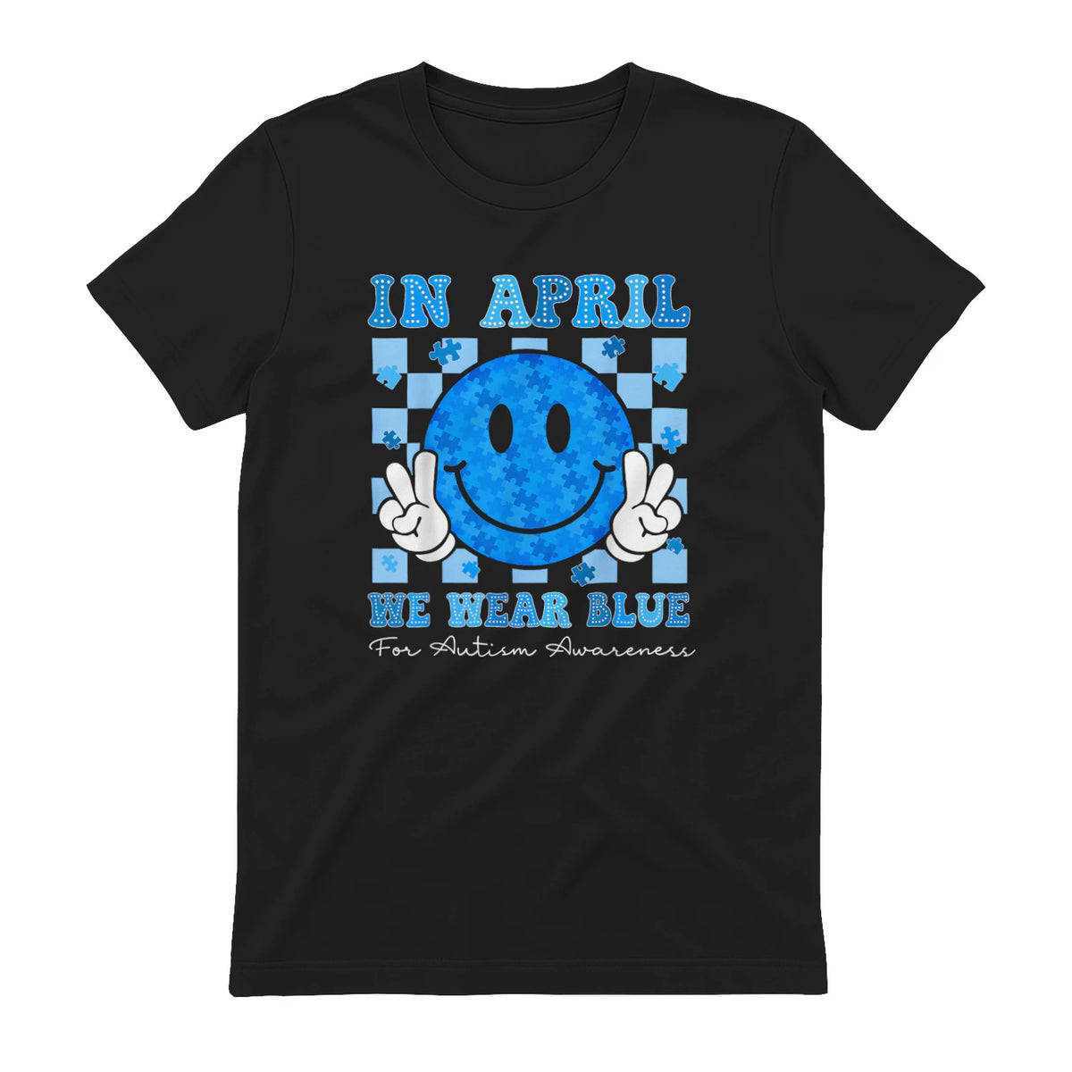 In April We Wear Blue Autism Awareness T-Shirt in Black - back view