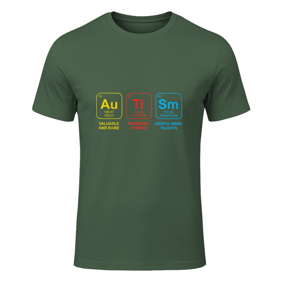 Autism Awareness Periodic Table ASD T-Shirt in Military Green - front view