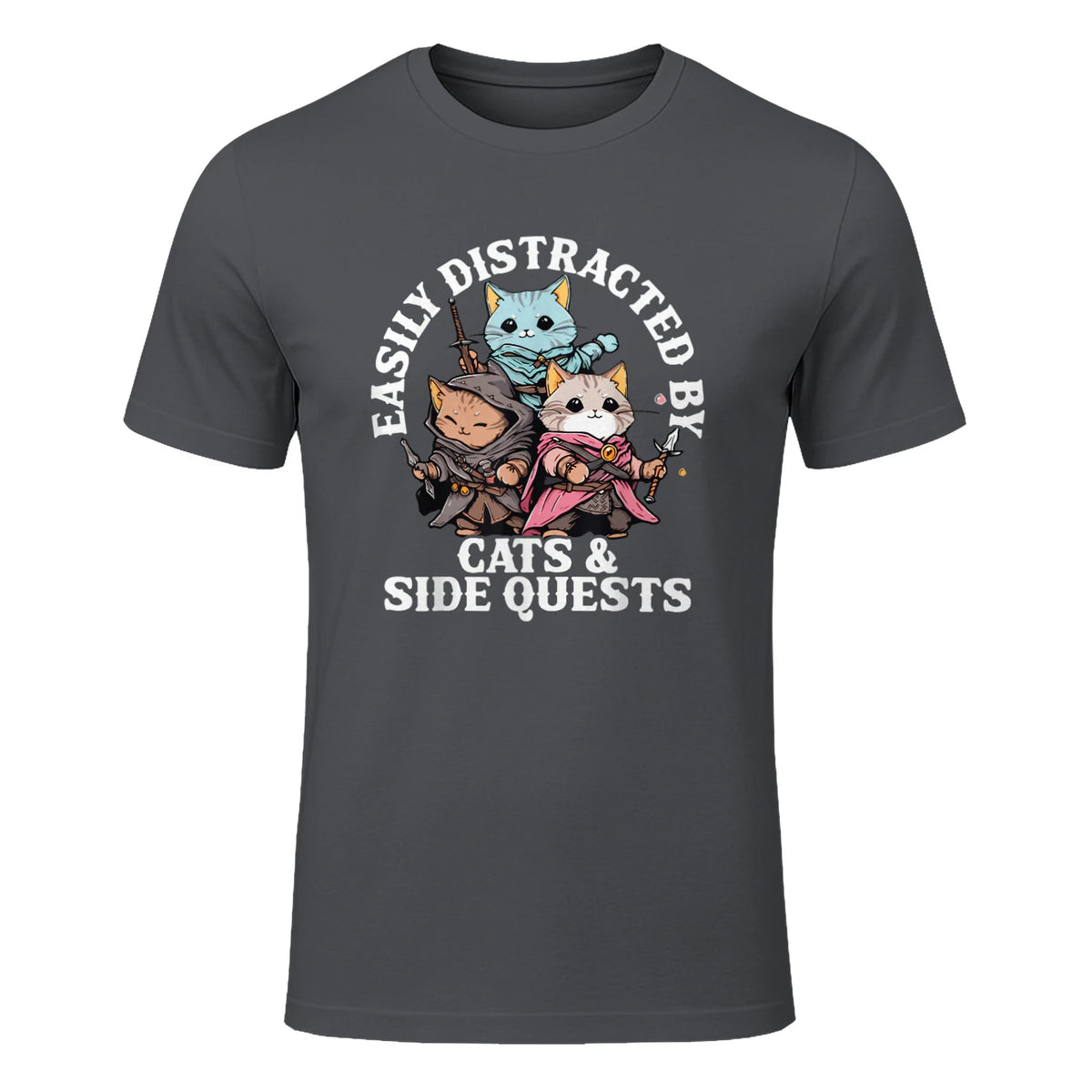 Cats Side Quest Funny Tabletop T-Shirt in Charcoal - front view
