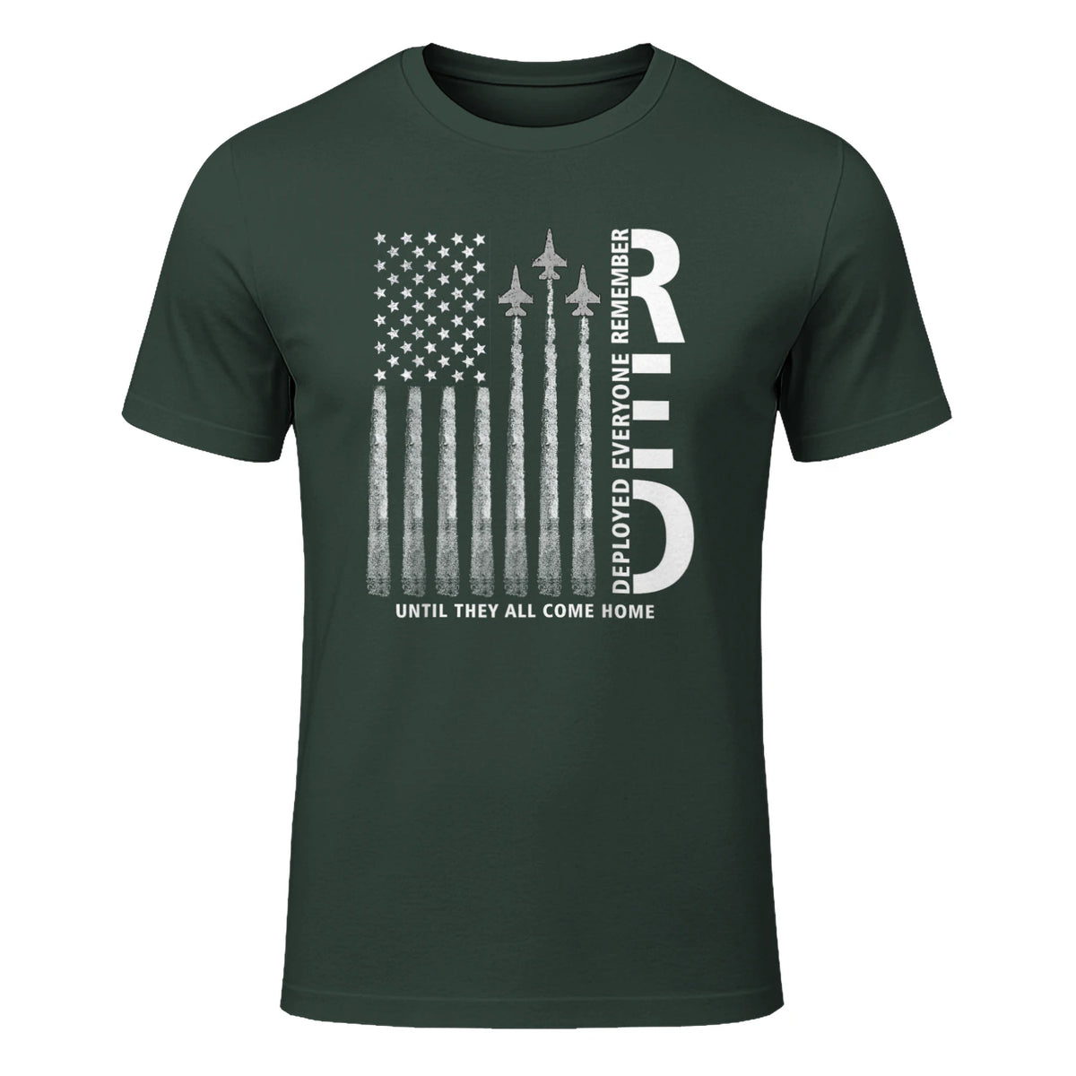 Remember Everyone Deployed RED Friday Military American Flag T-Shirt in Forest Green - front view
