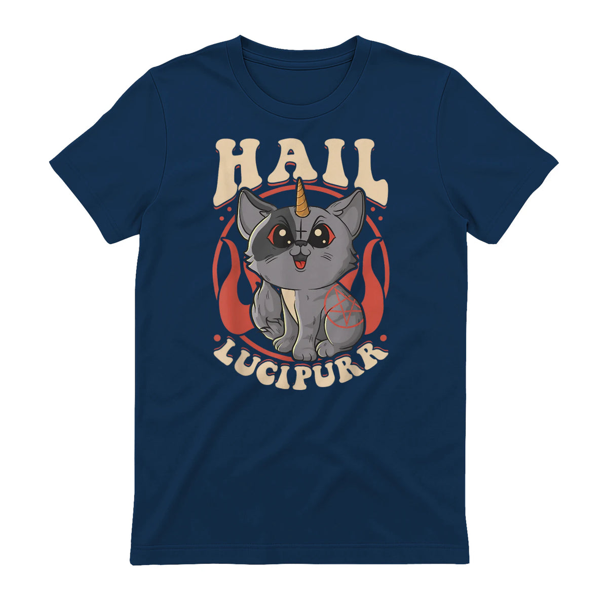 Cute & Funny Satanic Hail Lucipurr Rainbow Kitty Goth in Navy - back view