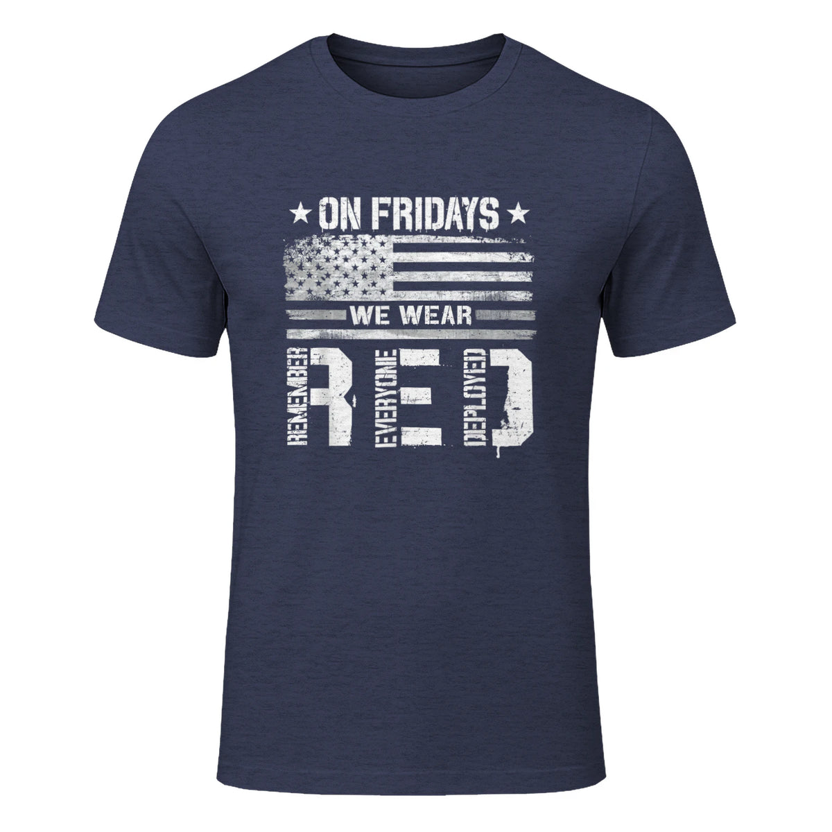 On Friday We Wear Red American Flag Military Supportive T-Shirt in Heather Navy - front view