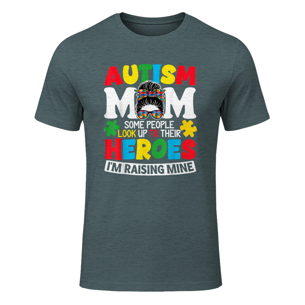 Autism Mom Raising Hero Messy Bun Autism Awareness in Dark Heather - front view