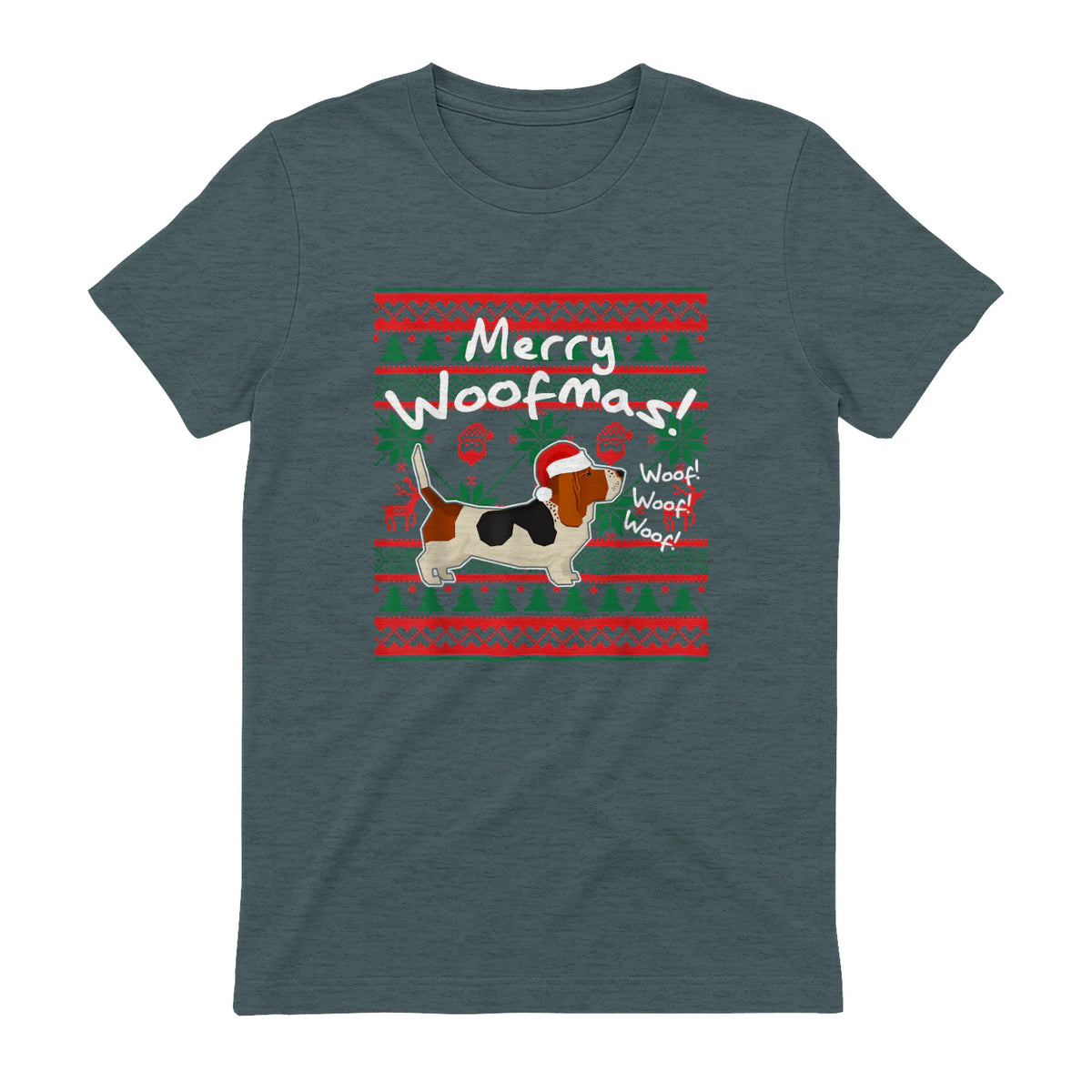 Basset Hound Chemise de Noël Merry Woofmas Père Noël Chien in Dark Heather - back view