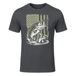 Fishing Camo Bass Fish American Flag Men's Fisherman Gift T-Shirt in Charcoal - front view