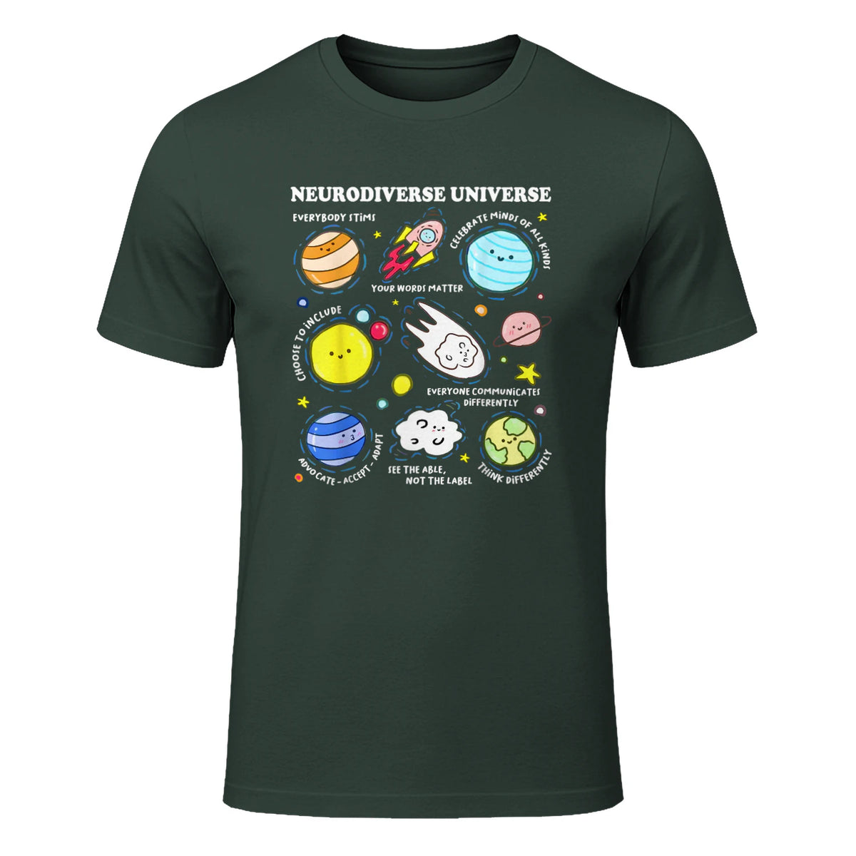 Kids Autism Awareness Neurodiverse Universe Neurodiversity in Forest Green - front view