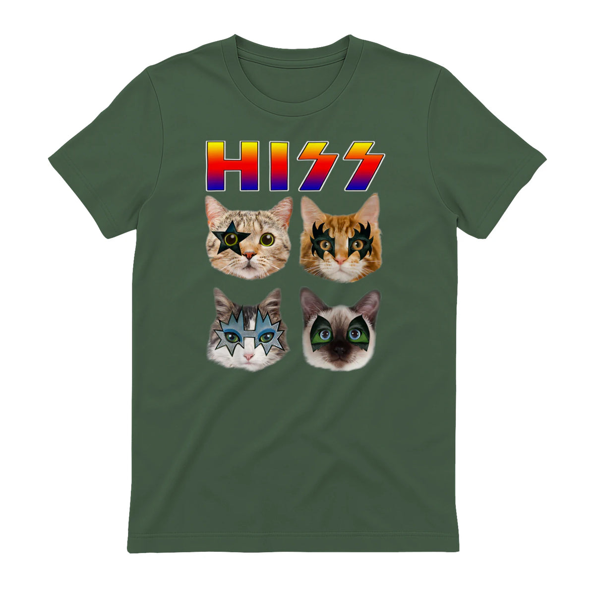 Funny Cat Hiss Rock and Roll For Cat Lover, Cat Dad, Cat mom T-Shirt in Military Green - back view