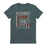 Historic USA Route Sixty-Six Highway Road Sign T-Shirt in Dark Heather - back view