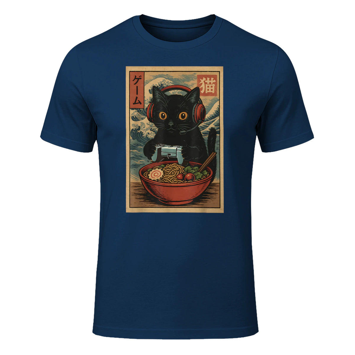 Cute Kawaii Gamer Cat Funny Ramen Retro Japanese Cat Gaming T-Shirt in Navy - front view