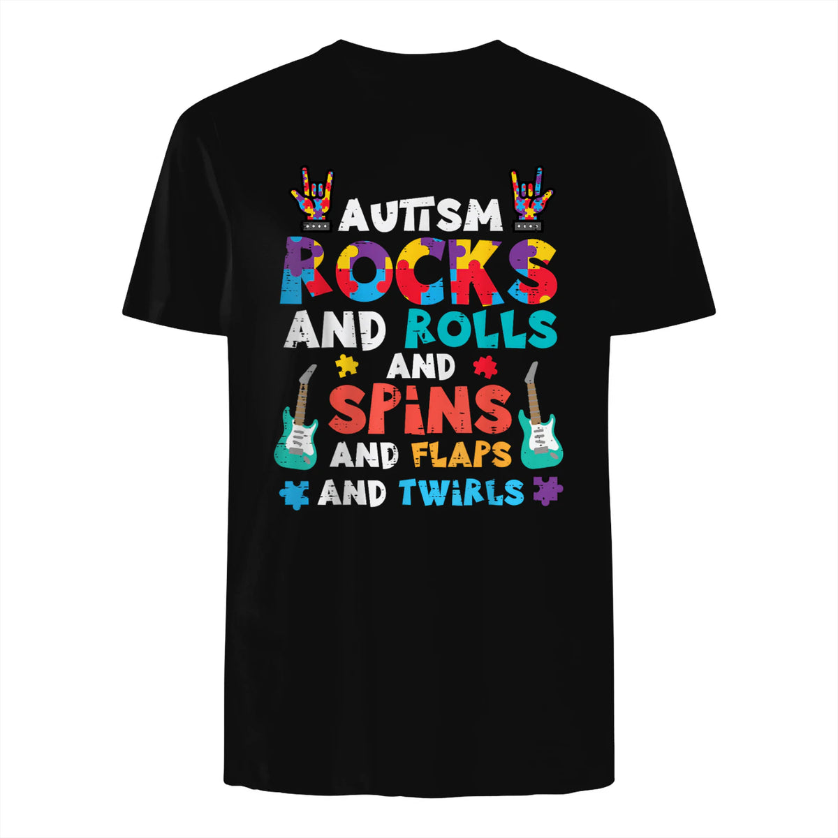 Autism Rocks Rolls Spins Flaps Awareness Boys Kids Women Men in Black - back view