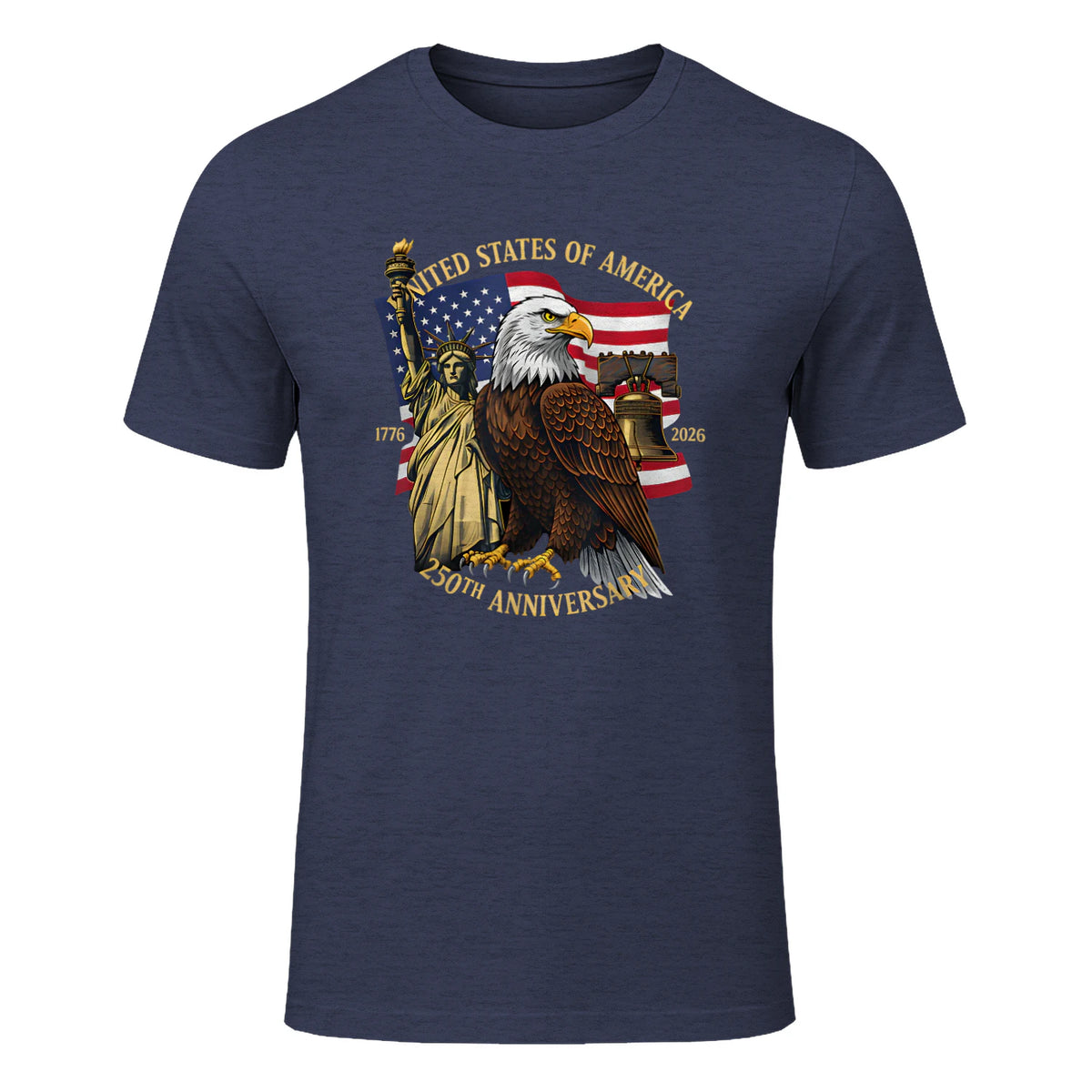 Patriotic Eagle Liberty Bell Anniversary T-Shirt in Heather Navy - front view