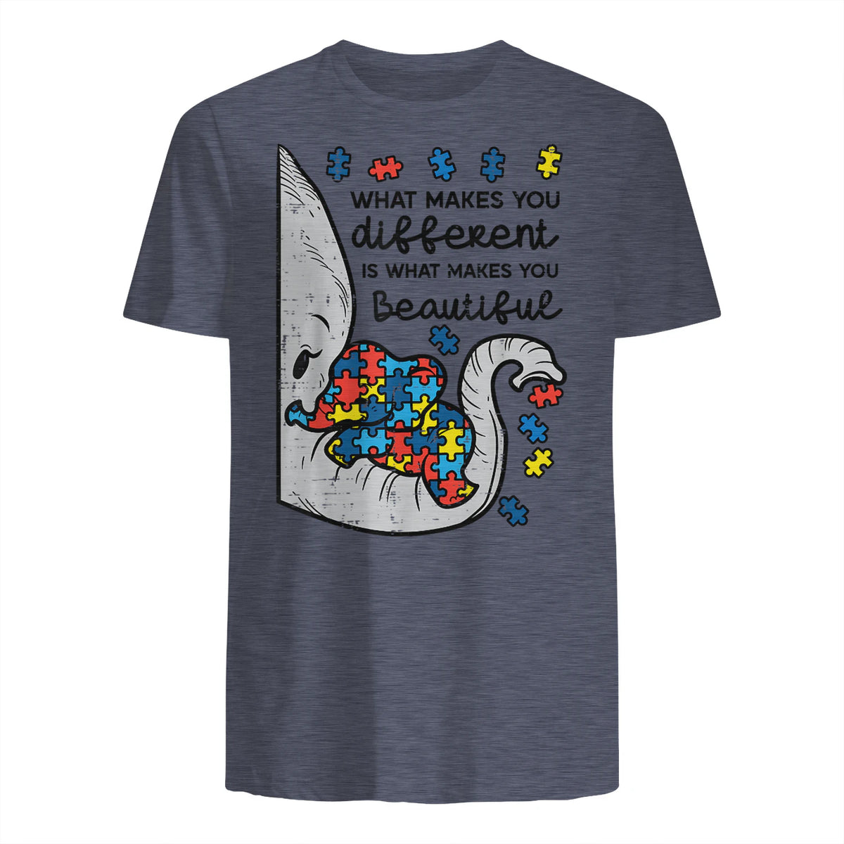 What Makes You Different Autism Awareness T-Shirt in Heather Navy - back view