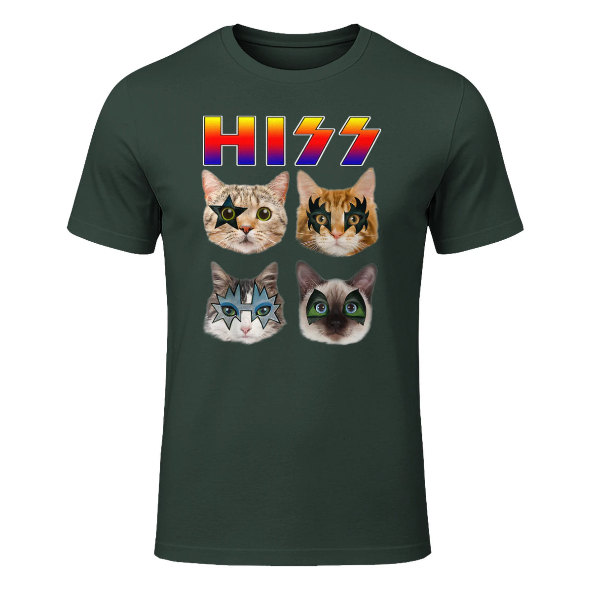 Funny Cat Hiss Rock and Roll For Cat Lover, Cat Dad, Cat mom T-Shirt in Forest Green - front view