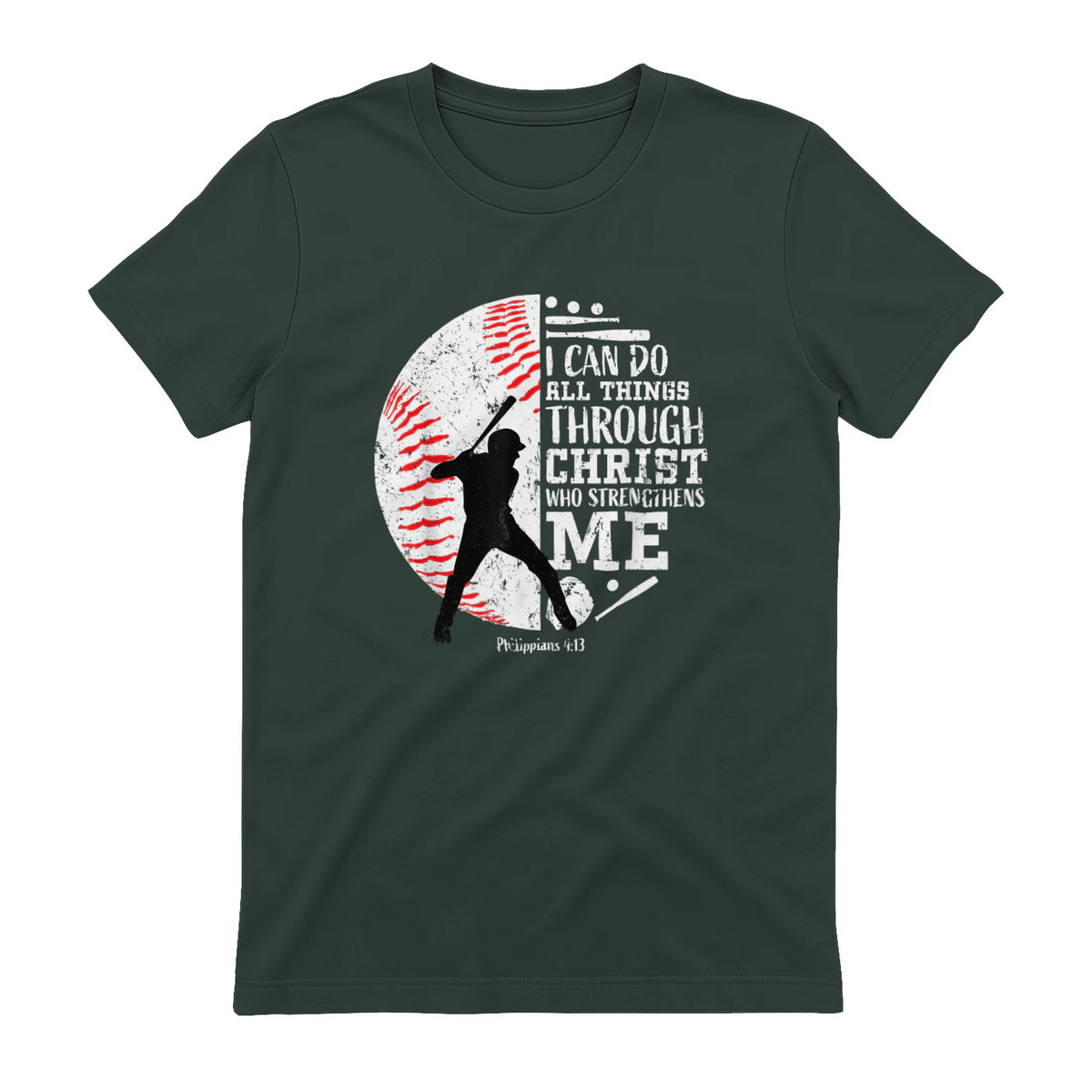 Philippians Four Thirteen Baseball Player Graphic with Bible Verse T-Shirt in Forest Green - back view