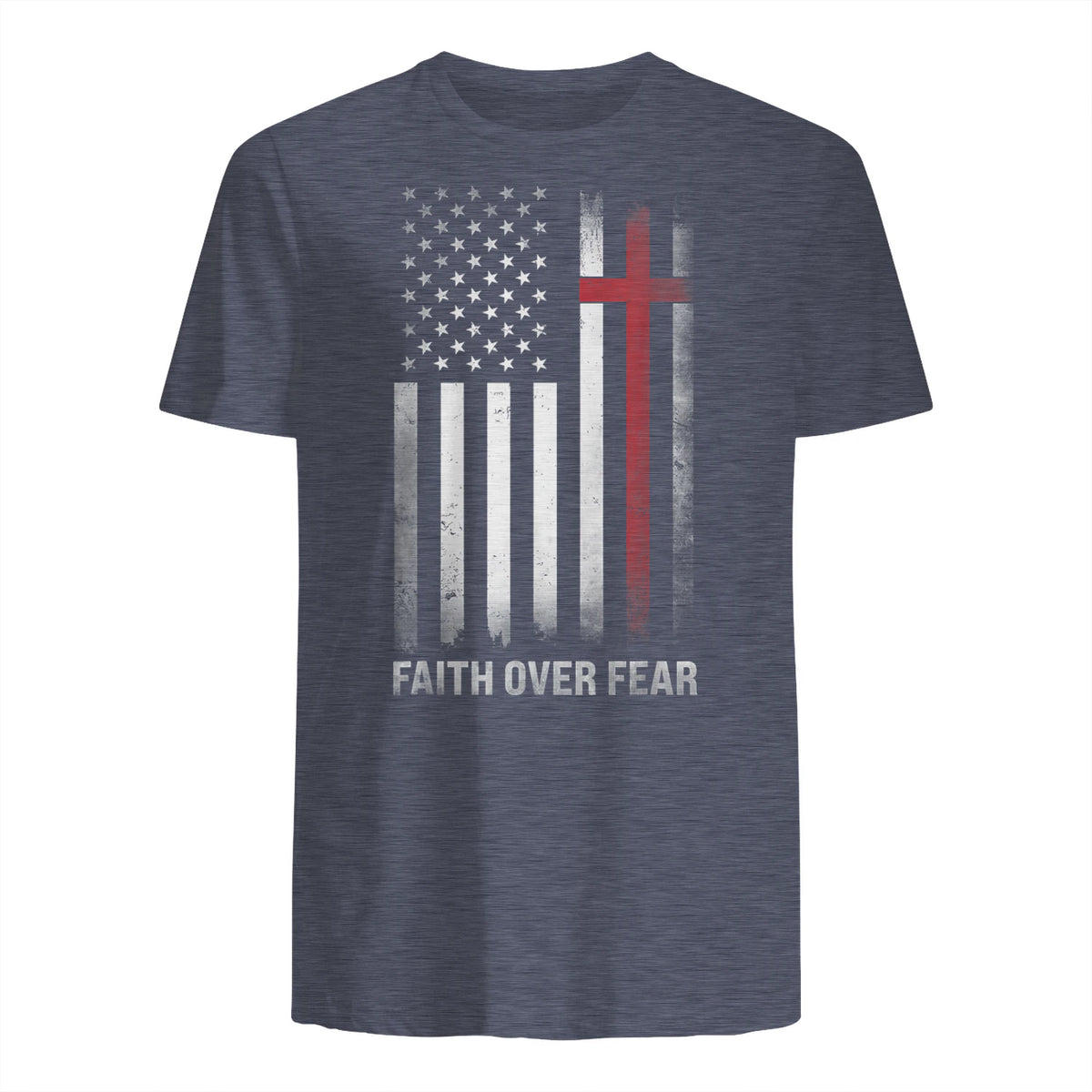 Christian US USA Flag American Christ Faith Over Fear Cross T-Shirt in Heather Navy - back view