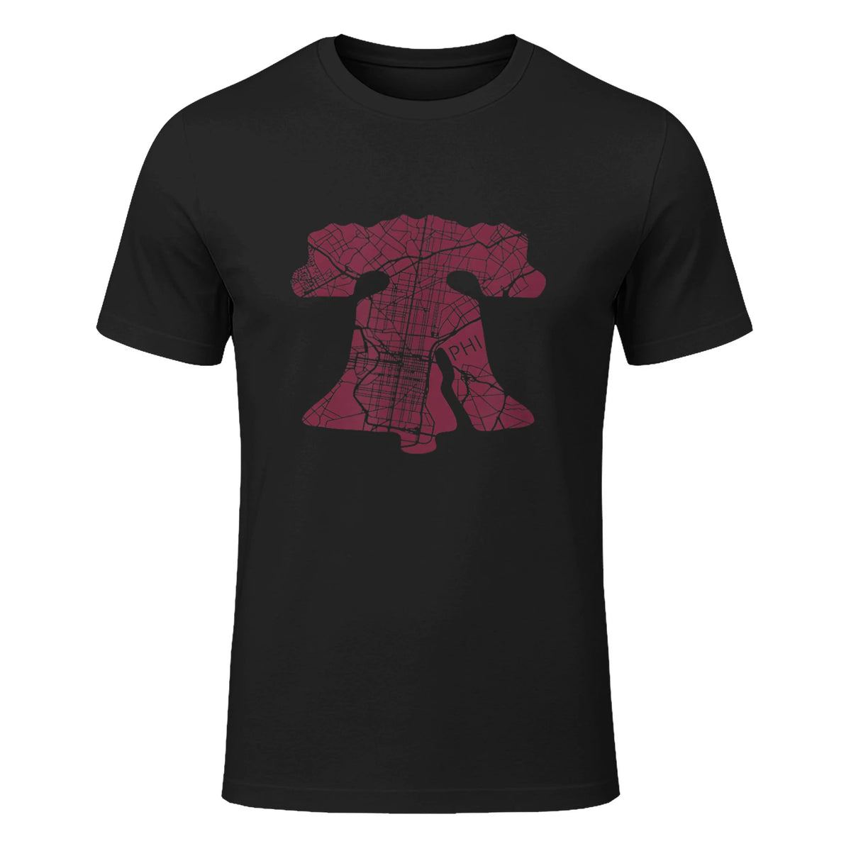 Philadelphia Street Map Liberty Bell Vintage Maroon Philly T-Shirt in Black - front view