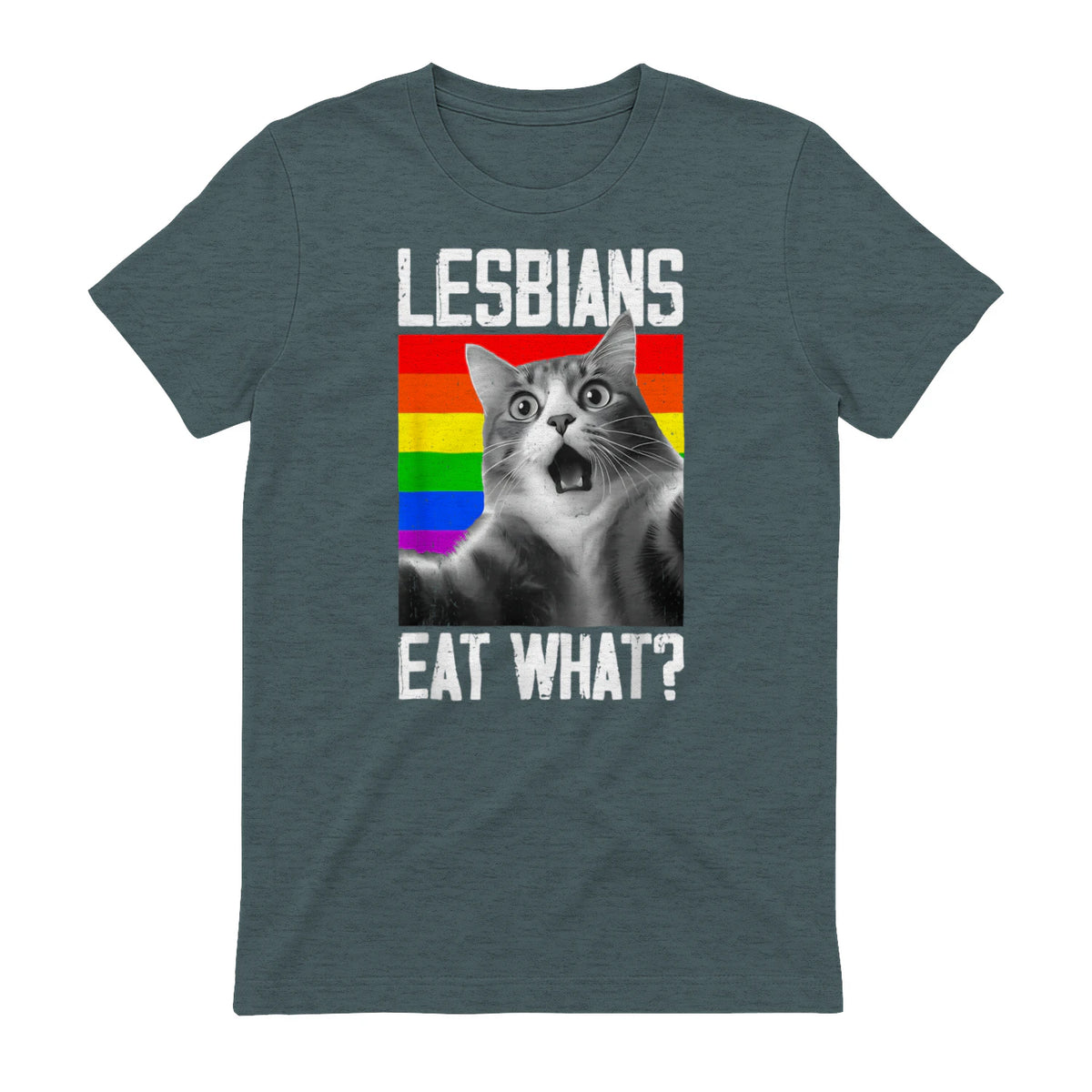 Lesbians Eat What? LGBT Lesbian Girlfriend Funny Cat Gift T-Shirt in Dark Heather - back view