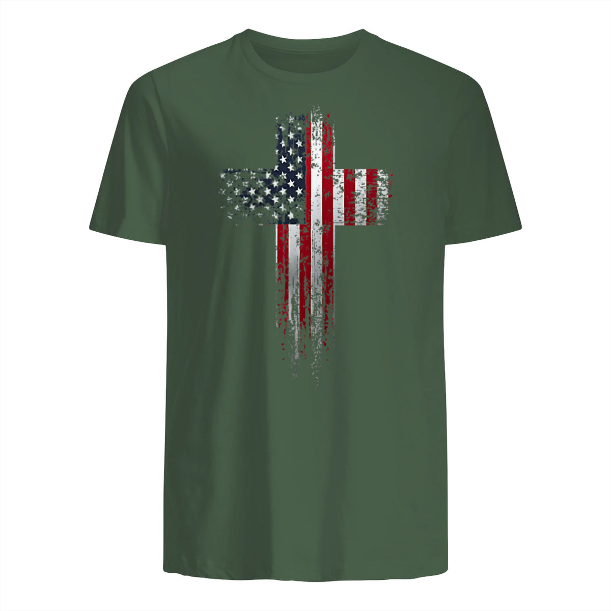 American USA Flag Christian Cross T-Shirt in Military Green - back view