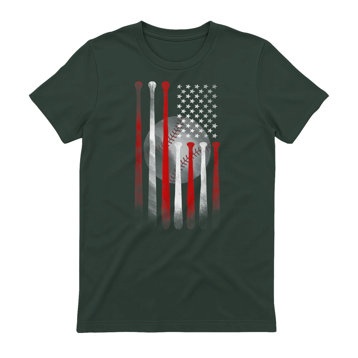 Vintage Baseball American Flag T-Shirt, Classic Fit Black Tee for Dad and Mom in Forest Green - back view