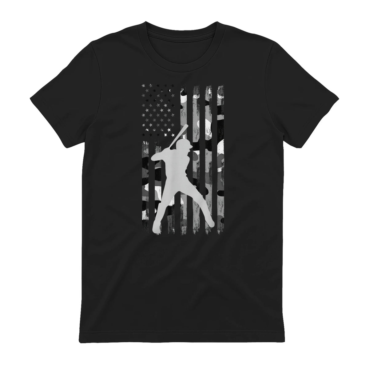 Baseball Player American Flag USA Camo Patriotic Graphic T-Shirt in Black - back view