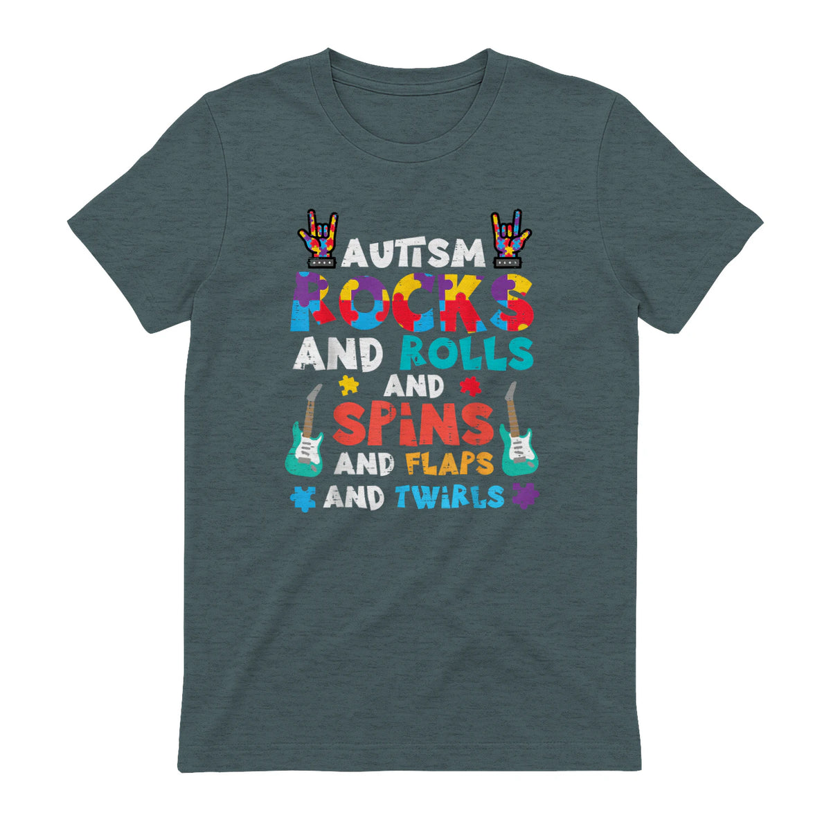 Autism Rocks Rolls Spins Flaps Awareness Boys Kids Women Men in Dark Heather - back view