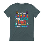 Autism Rocks Rolls Spins Flaps Awareness Boys Kids Women Men in Dark Heather - back view