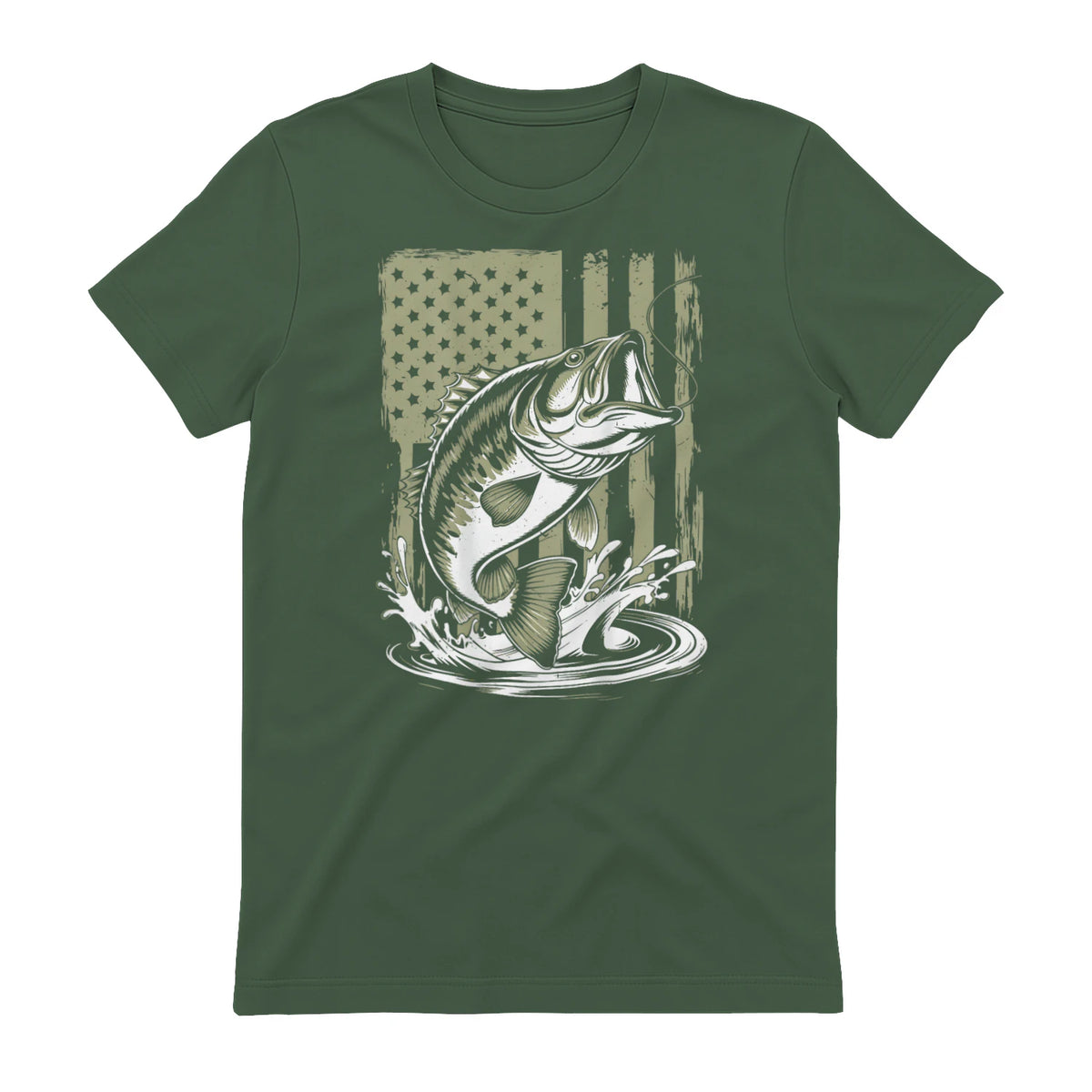 Fishing Camo Bass Fish American Flag Men's Fisherman Gift T-Shirt in Military Green - back view