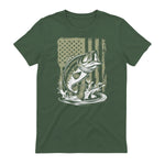 Fishing Camo Bass Fish American Flag Men's Fisherman Gift T-Shirt in Military Green - back view