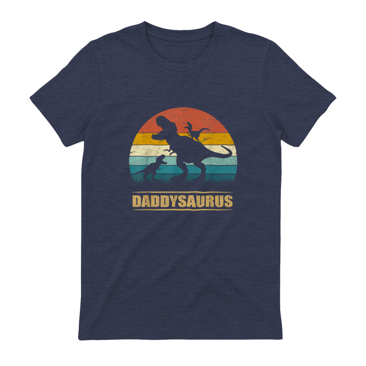 Daddy Dinosaur Daddysaurus Two Kids Funny Father's Day T-Shirt in Heather Navy - back view