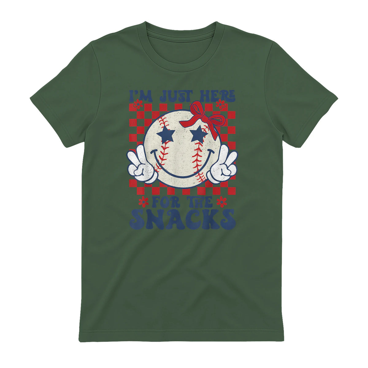 Retro Baseball Sister I'm Just Here for The Snacks Girls Mom T-Shirt in Military Green - back view
