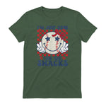 Retro Baseball Sister I'm Just Here for The Snacks Girls Mom T-Shirt in Military Green - back view