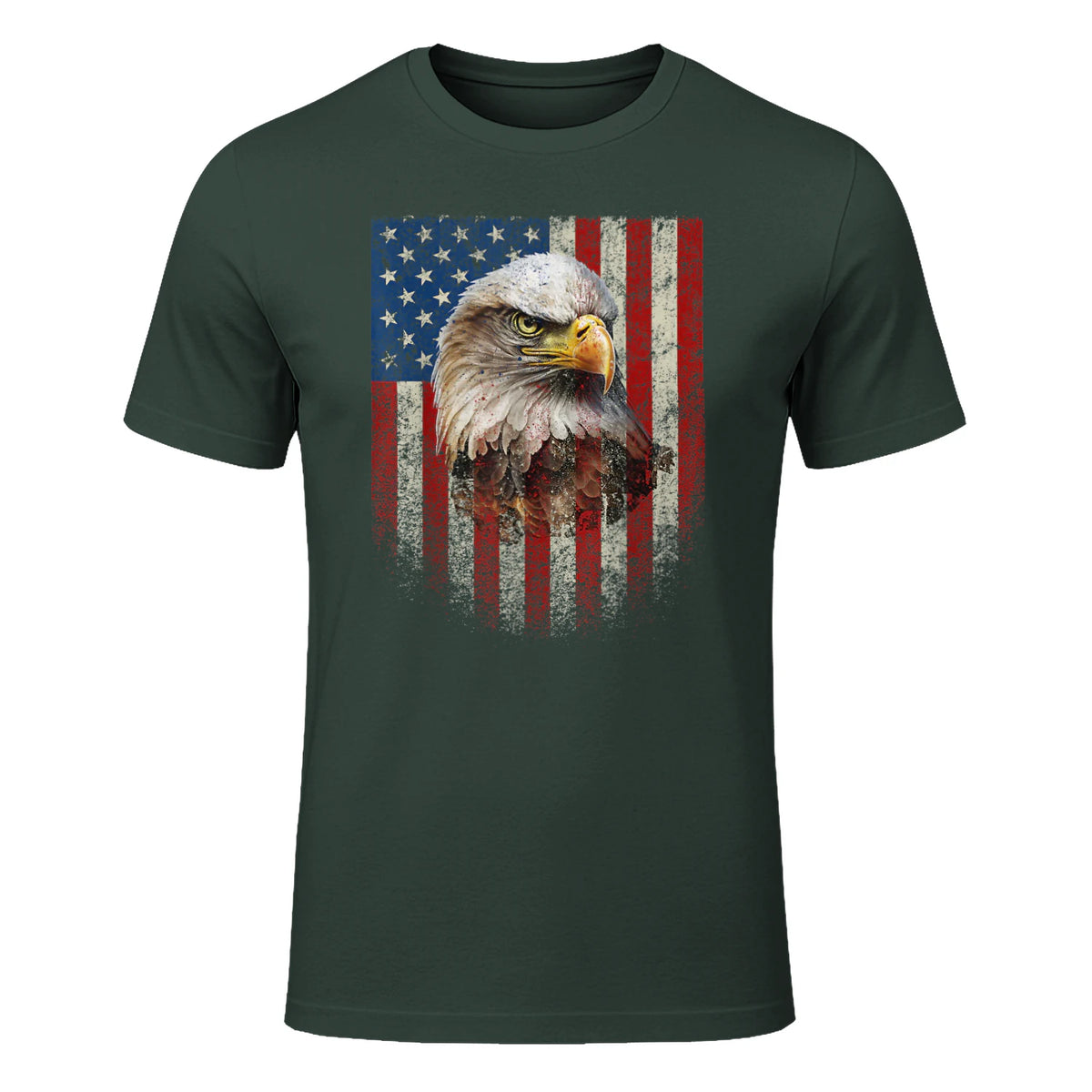 American Flag Bald Eagle Patriotic Red White Blue T-Shirt in Forest Green - front view