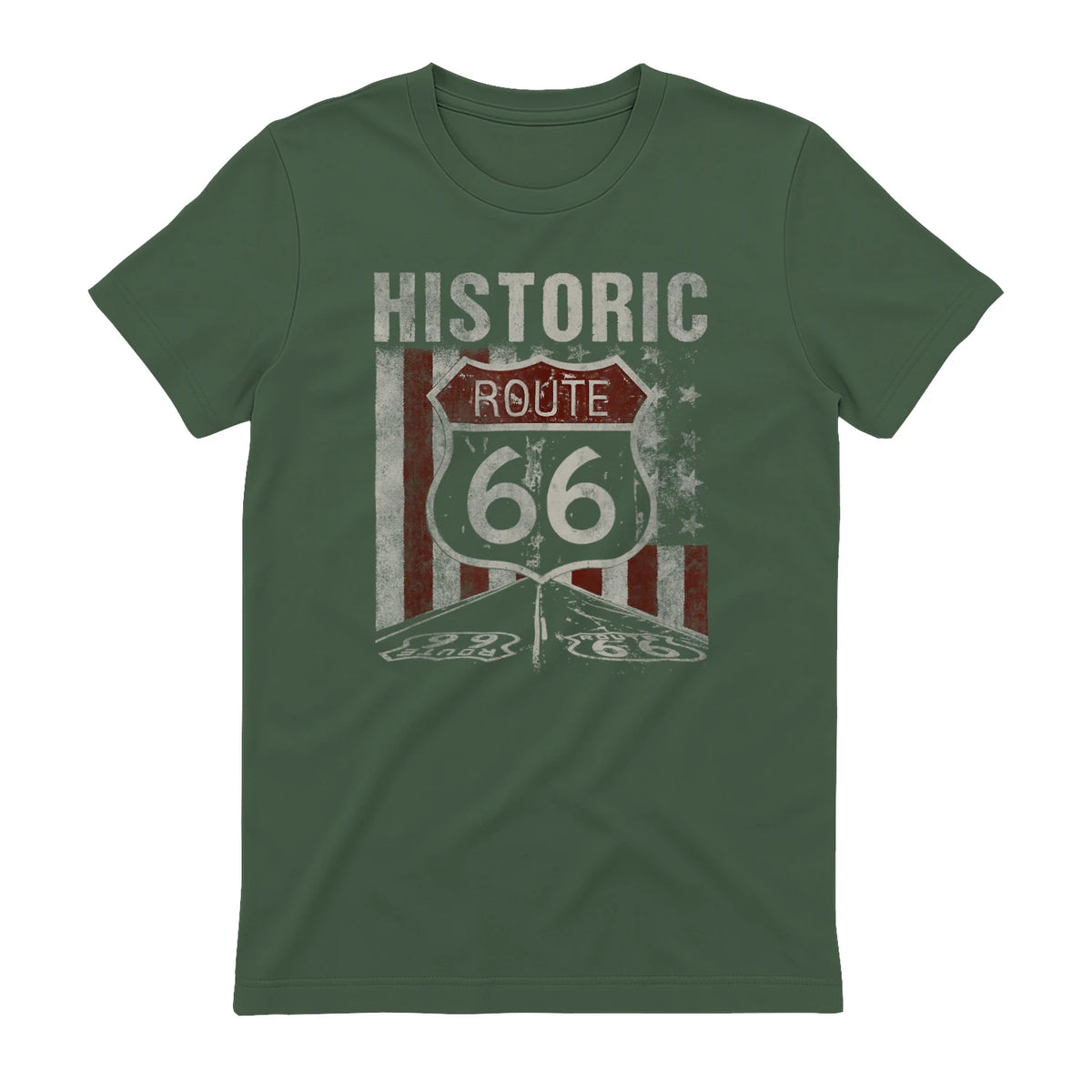 Historic USA Route Sixty-Six Highway Road Sign T-Shirt in Military Green - back view