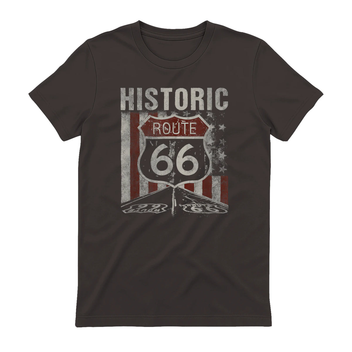 Historic USA Route Sixty-Six Highway Road Sign T-Shirt in Dark Chocolate - back view