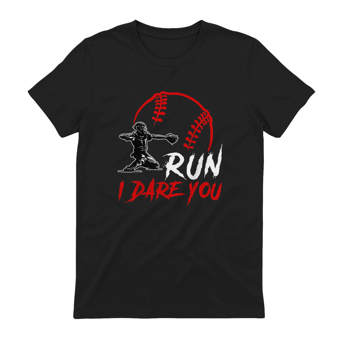 Run Steal I Dare You Humor Baseball Catcher Vintage T-Shirt in Black - back view