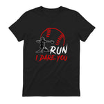 Run Steal I Dare You Humor Baseball Catcher Vintage T-Shirt in Black - back view