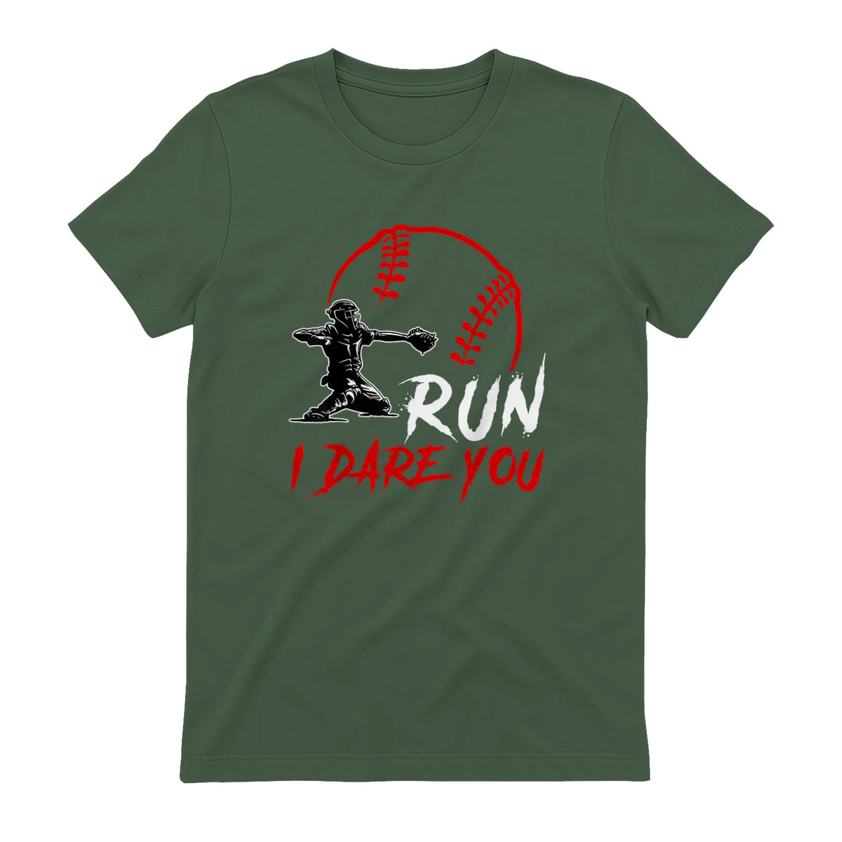 Run Steal I Dare You Humor Baseball Catcher Vintage T-Shirt in Military Green - back view