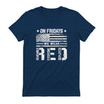 On Friday We Wear Red American Flag Military Supportive T-Shirt in Navy - back view