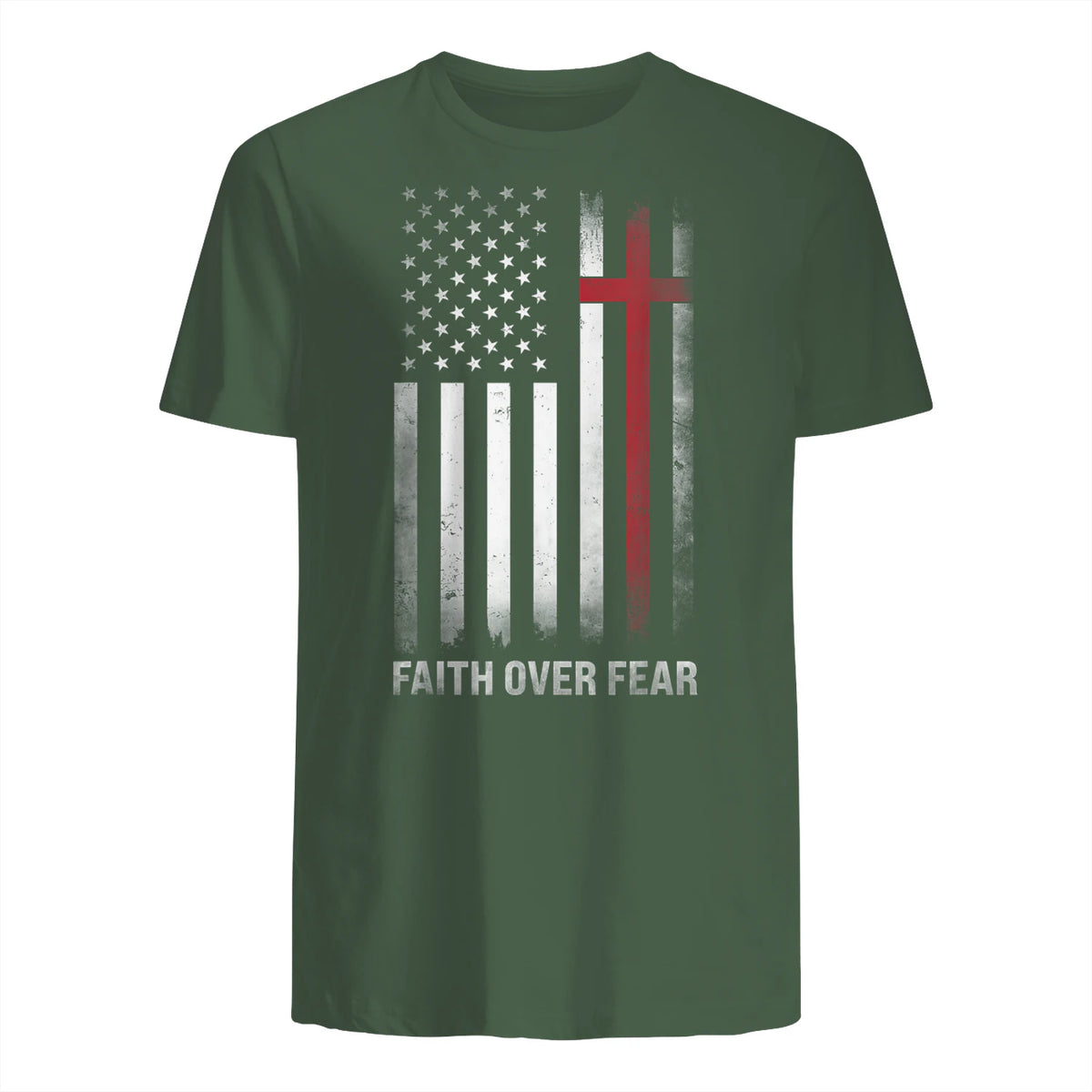 Christian US USA Flag American Christ Faith Over Fear Cross T-Shirt in Military Green - back view
