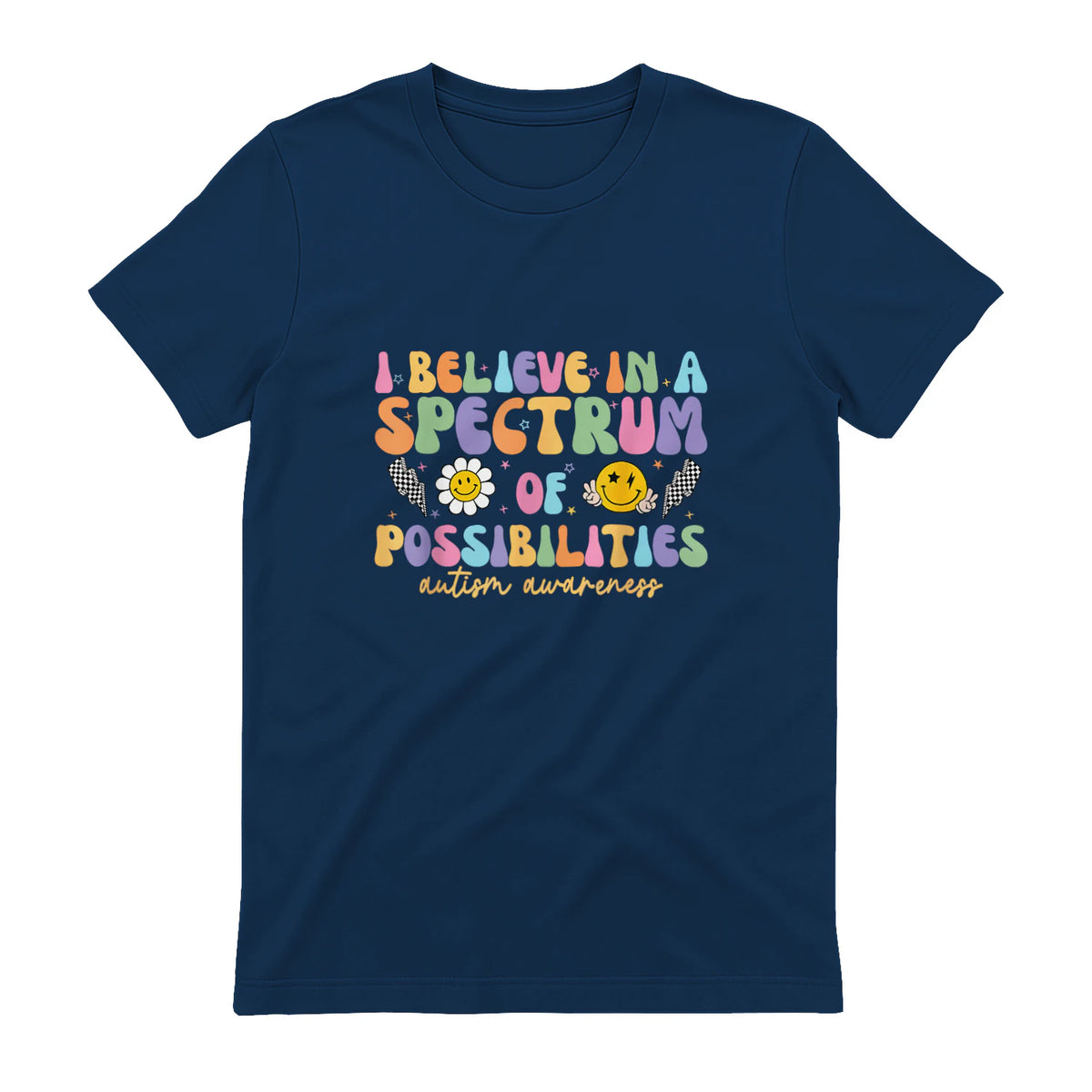 I Believe in A Spectrum of Possibilities Autism Awareness in Navy - back view