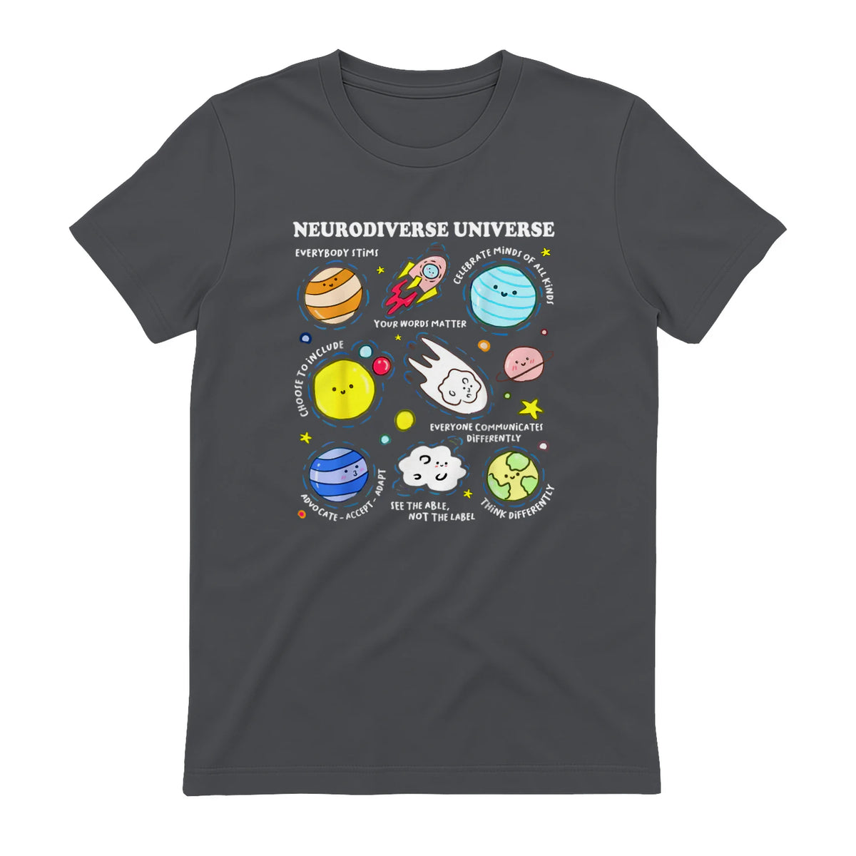 Kids Autism Awareness Neurodiverse Universe Neurodiversity in Charcoal - back view