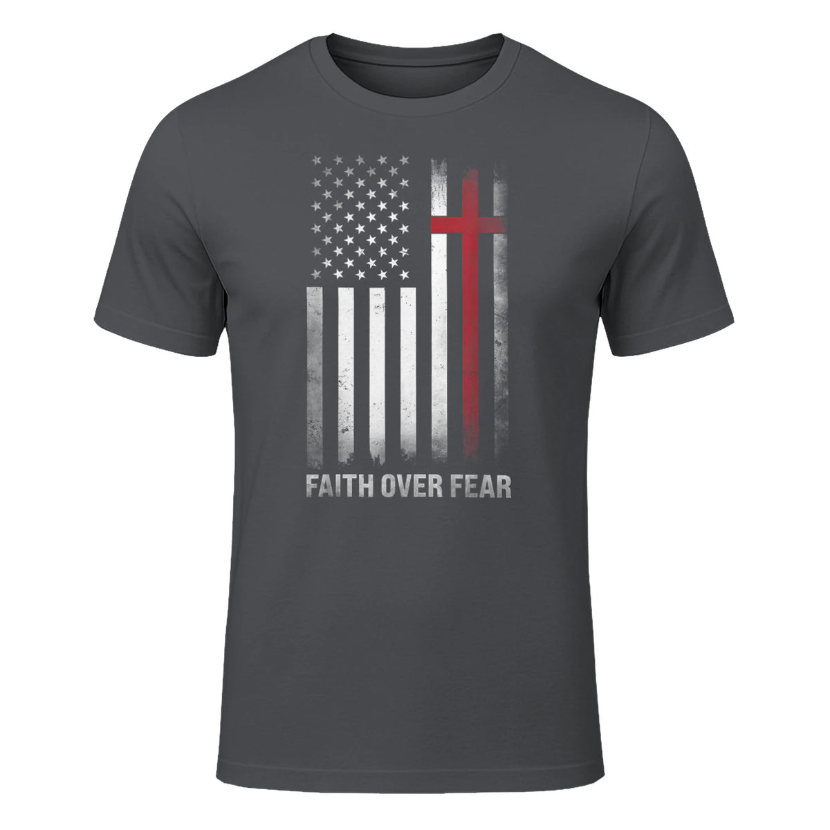 Christian US USA Flag American Christ Faith Over Fear Cross T-Shirt in Charcoal - front view
