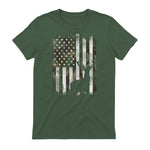 Camo US Flag Deer Elk Buck Camoflage Hunting Hunter Dad Gift Short Sleeve in Military Green - back view