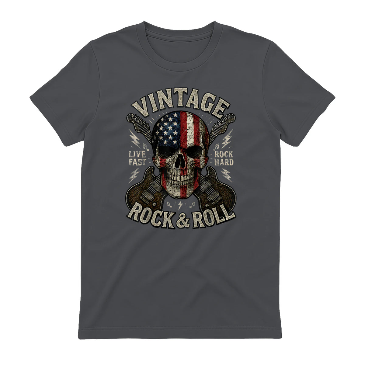 Vintage Rock Skull American Flag Guitar Retro Rock and Roll T-Shirt in Charcoal - back view