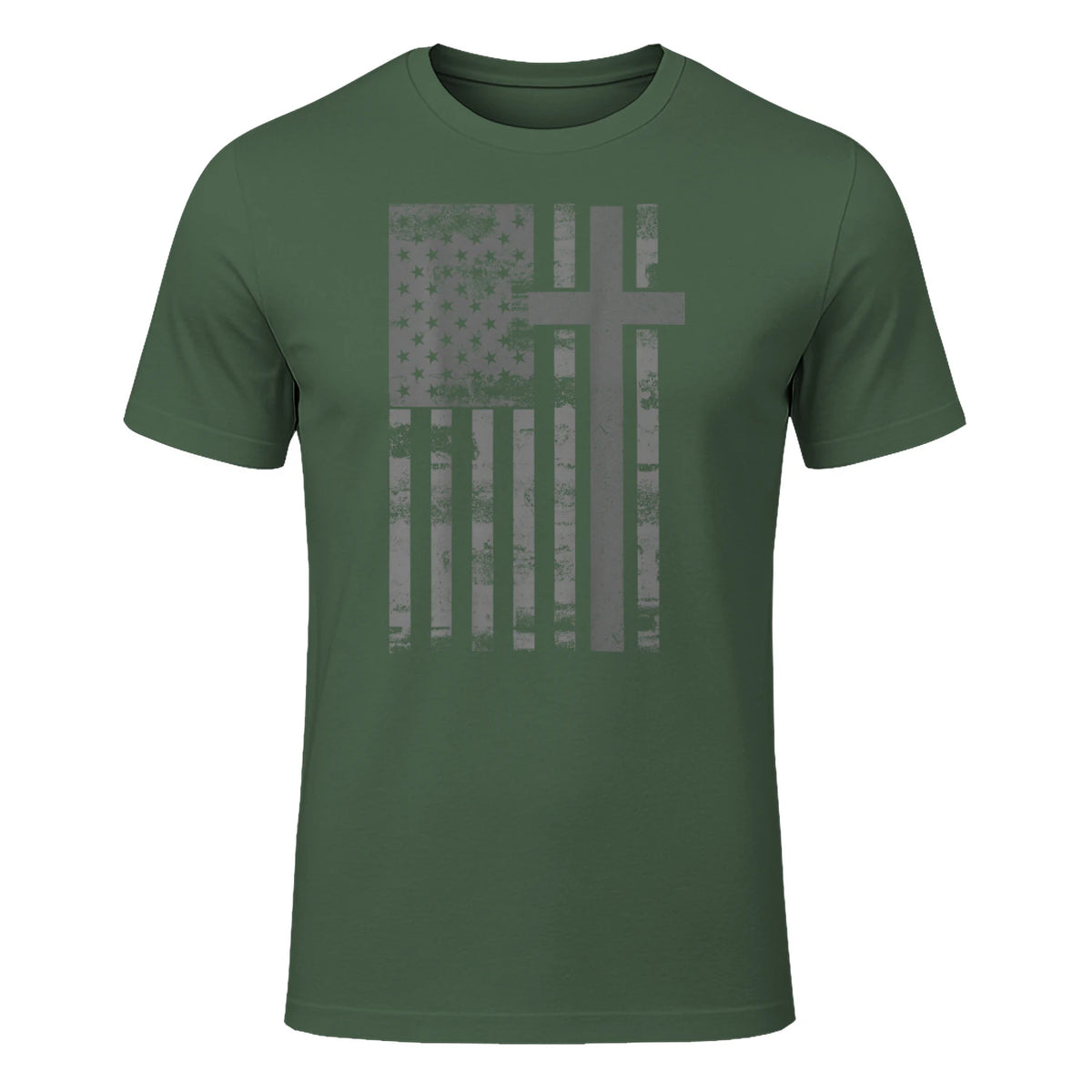 (Art) American Flag Christian Faith Cross Patriotic T-Shirt in Military Green - front view