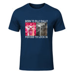 Born to Dilly Dally Forced to Lock in Cat Meme T-Shirt in Navy - front view