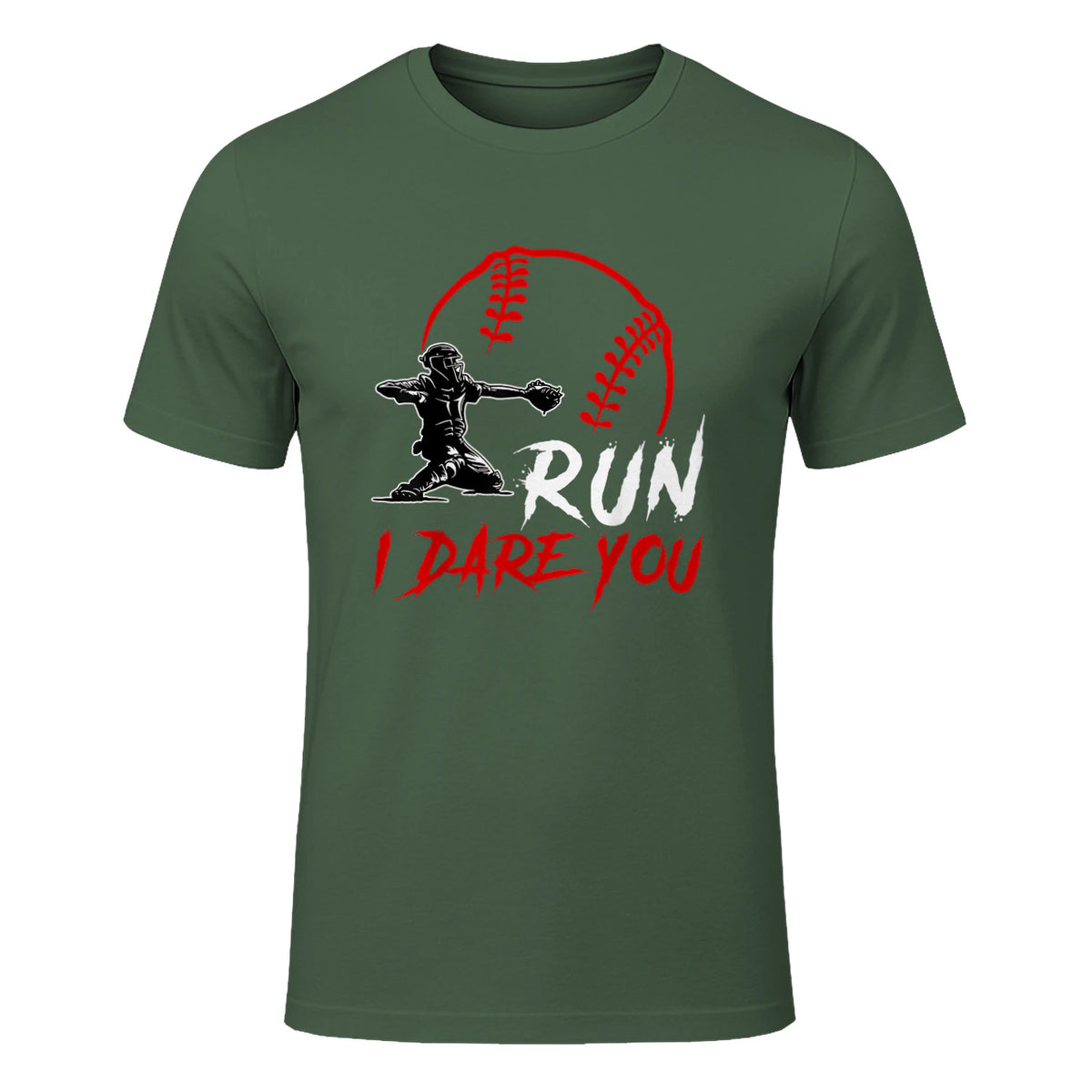 Run Steal I Dare You Humor Baseball Catcher Vintage T-Shirt in Military Green - front view