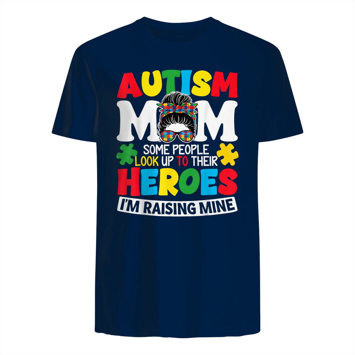 Autism Mom Raising Hero Messy Bun Autism Awareness in Navy - back view